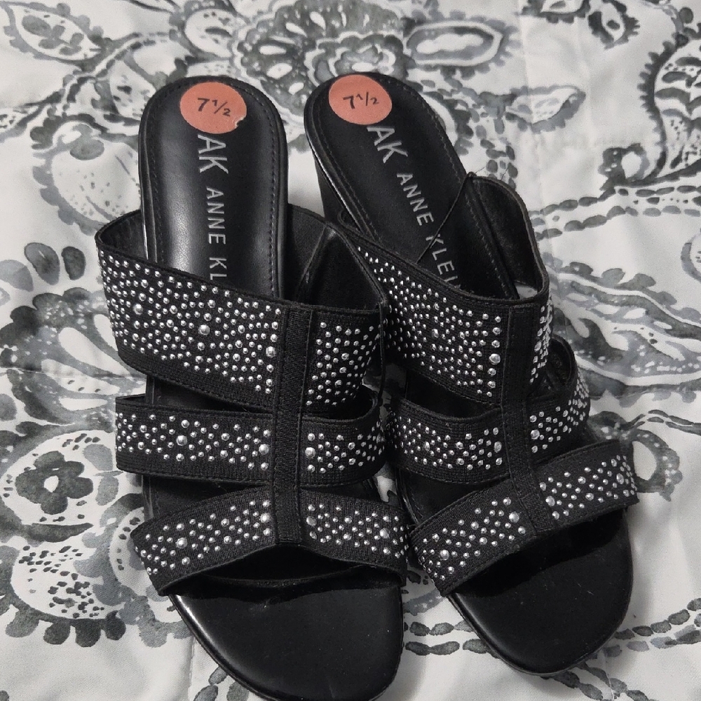 Anne Klein Black Studded Triple-Strap Slide Mules